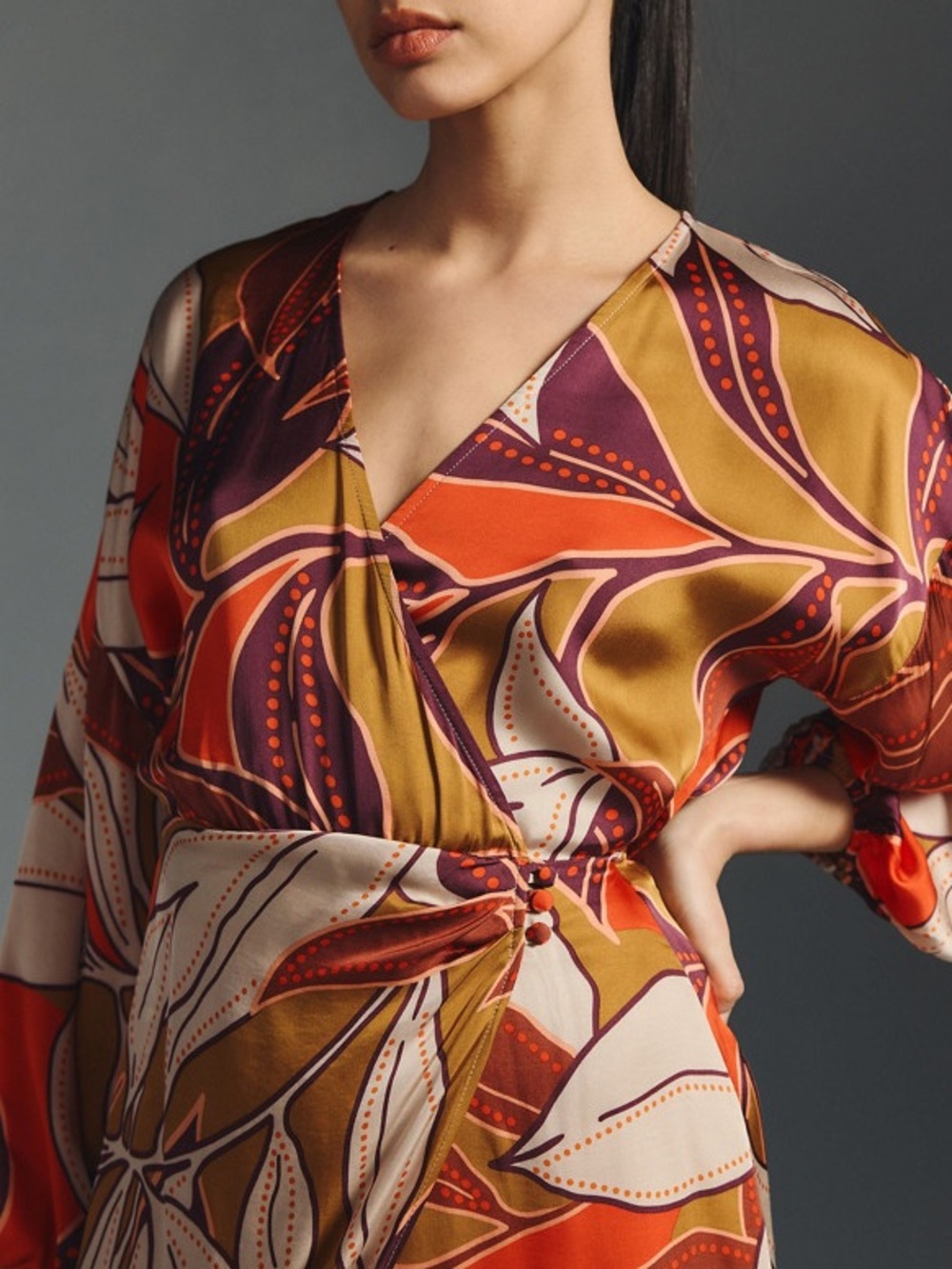 Anthropologie Floral Printed Midi Dress XS NWT Satin Faux Wrap Long Sleeve $170 - Picture 3 of 14